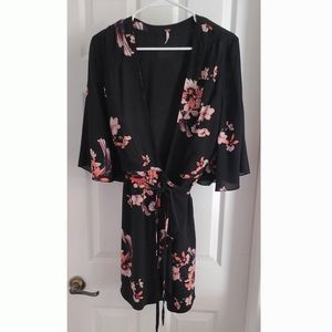 Free People Boho Black Peach Floral Wrap Tunic